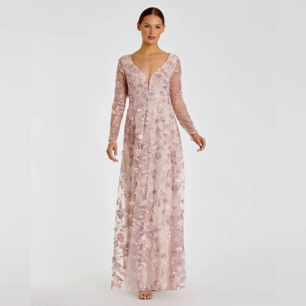 Mac Duggal Pink Floral Applique Long Sleeve Illusion Gown Dress Size 8 NWT - Picture 4 of 15
